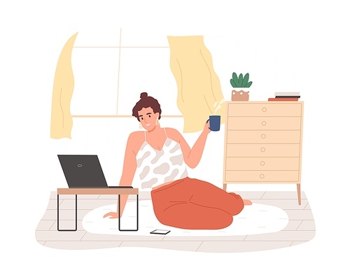 Smiling woman sitting on floor use laptop at comfortable home vector flat illustration. Happy freelancer female working remotely isolated. Cheerful girl hold hot tea enjoy internet entertainment.