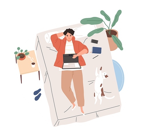 Relaxed freelancer guy lying on bed with laptop top view vector flat illustration. Modern male working remotely from bedroom isolated on white. Cheerful man surfing internet or chatting at home.