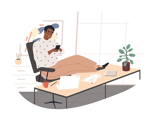 Cheerful black guy chatting use smartphone during work vector flat illustration. Smiling male putting legs on desk enjoying break at office isolated on white. Relaxed man procrastinating at workplace.