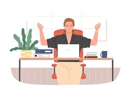 Businesswoman with closed eyes meditating at workplace vector flat illustration. Relaxed female sitting at desk with laptop practicing yoga isolated on white. Woman during stress relief at office.