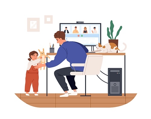 Cute female kid and cat distracting father from work vector flat illustration. Modern man working remotely from home use computer isolated on white . Remote work disadvantages.