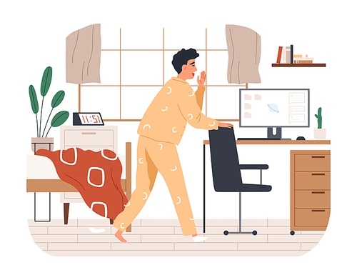 Yawn freelancer man missing the deadline vector flat illustration. Remotely work employee overslept late making distant job isolated on white. Morning male having incomplete assignment on computer.