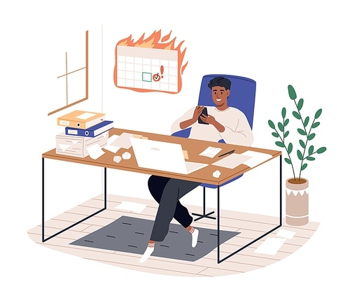 Smiling freelancer black man sitting on desk surfing internet use smartphone vector flat illustration. Modern guy procrastinating at home office isolated on white. Remote work disadvantages.