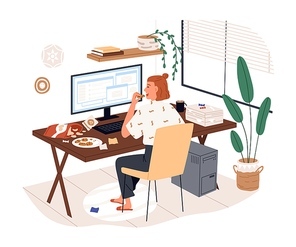 Freelancer female eat junk food working use computer vector flat illustration. Woman sit on desk eating snack feeling stress from remotely work isolated on white. Home office problems.