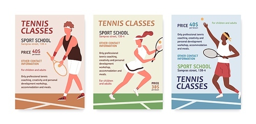 Set of tennis classes poster with place for text vector flat illustration. Collection of different announcement of sport school. Man and woman in sports apparel holding rackets and hitting ball.