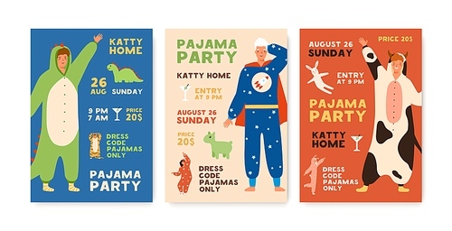 Set of poster or flyer templates pajama party with people dressed in funny jumpsuits vector flat illustration. Collection of colorful announcements of theme holiday with cute costume dress code.