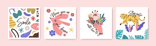 Set of greeting cards with motivational phrases and elements vector flat illustration. Collection of postcards decorated with handwritten quote and animal, female arm with flower, bird.