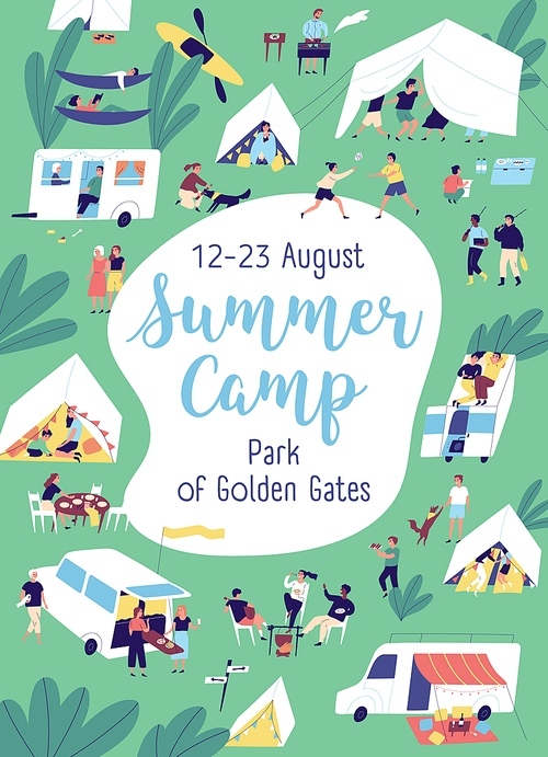 Colorful poster of summer camp with place for text vector flat illustration. Announcement template for camping vacation. Cheerful tiny people spending time together enjoying outdoor activities.