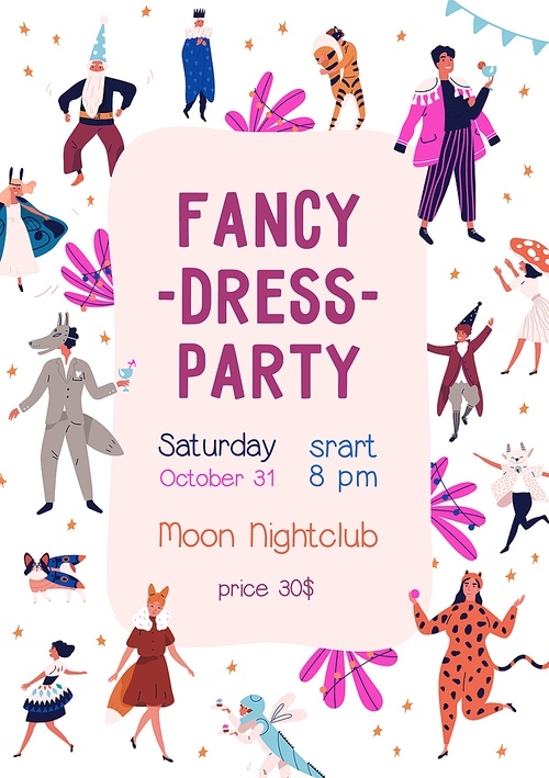 Announcement of fancy dress party at nightclub vector flat illustration. Promo poster of carnival with design elements and place for text isolated. People in mask and costume at masquerade event.