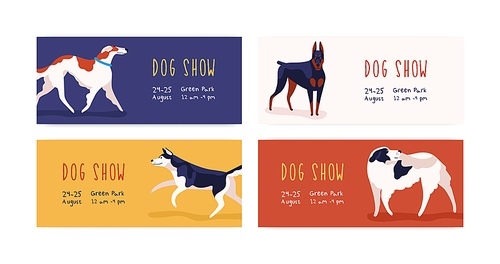 Set of different horizontal web banner of dog show vector flat illustration. Colorful template of event announcement with place for text. Various cartoon domestic animal breeds.