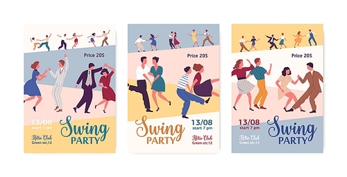 Set of Swing party colorful promo poster vector flat illustration. Collection of announcement Lindy hop dancing event with place for text. Male and female cartoon characters performing dance.