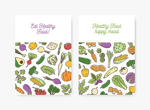 Set of posters with fresh organic vegetables and place for text in line art style. Colorful vegetarian healthy food with vitamins vector illustration. Promo placard with seasonal harvest isolated.