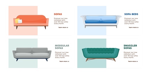 Banner of comfy modern couches set vector flat illustration. Collection of promo flyer with place for text. Stylish comfortable furniture of various types. Web advertising for store or shop isolated.