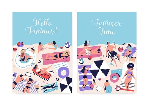 Set of posters with people on beach vector flat illustration. Man, woman, children, couples and dog sunbathing, surfing internet, sleeping at seashore. Hello Summer and Summer time inscription phrase.
