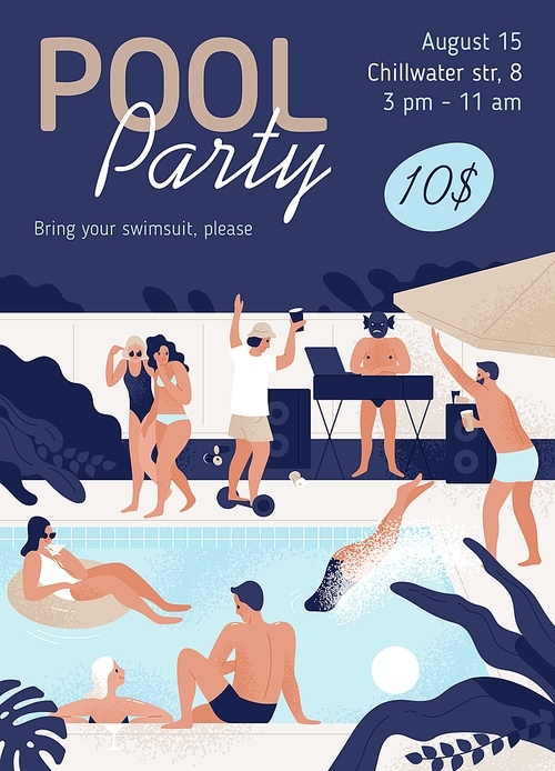 Invitation template of pool party with place for text vector flat illustration. Promo poster of open air entertainment event. People have fun at outdoor discotheque - dance, swim, drink cocktails.