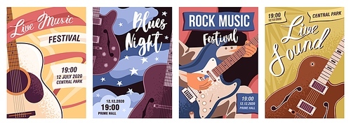 Set of posters with guitars vector flat illustration. Collection flyer templates of live music, rock festival and blues night with place for text. Promo of concert, party with musical instruments.
