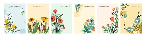 Collection of colorful natural spring backgrounds. Elegant floral backdrop set with a place for text. Vertical poster or flyer with blooming flowers and leaves. Vector textured illustration