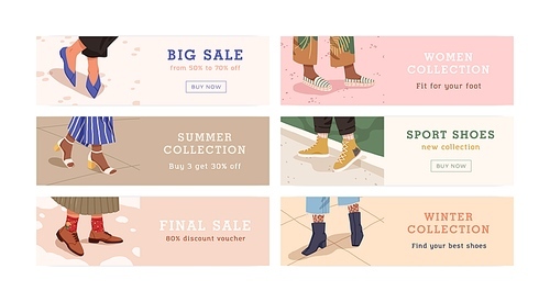 Set of woman legs in trendy shoes shopping banner vector flat illustration. Bundle of promo flyer with place for text. Discount, big final sale, seasonal collection of footwear store or shop isolated