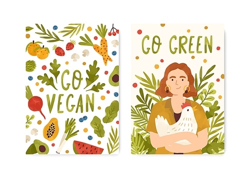 Set of eco lifestyle card template with motivational phrases vector flat illustration. Vegetarian poster decorated by greens and herbs with place for text isolated. Go vegan and go green lettering.