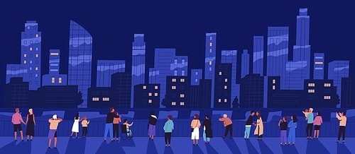Crowd of different people standing on waterfront admiring night cityscape vector flat illustration. Man, woman, children and couple relaxing outdoor walking on embankment. View of city buildings.