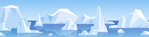 Beautiful panorama with natural arctic glacier and floating iceberg vector flat illustration. Panoramic landscape of north sea or arctic ocean snow mountains. Frozen nature of Antarctica.