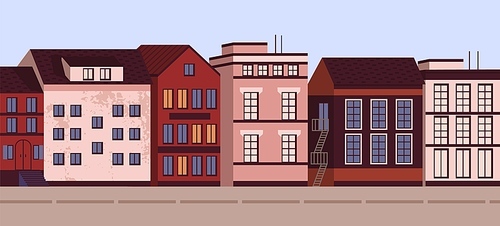 Colorful horizontal cityscape banner vector flat illustration. Modern urban architecture landscape city view. Street of town with living houses exterior. Facade of residence building with windows.