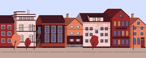 Colorful cityscape with modern residential buildings. Suburban area horizontal panoramic banner. Urban street landscape with living houses facades. Vector illustration in flat cartoon style.