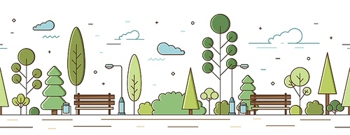 Empty modern city park with trees, bushes, benches and street lights vector illustration in line art style. Horizontal garden or public recreational place infrastructure seamless pattern.