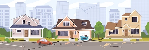 Earthquake city panorama vector illustration. Damaged house, cars and holes in ground. Destruction cityscape with cracks and damages on buildings. Destroyed town landscape after quake or disaster.