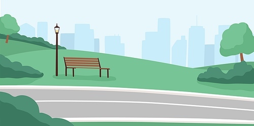 Morning city park, empty public place, high rise buildings. Cityscape with trees, bushes, lanterns, bicycle path, benches. Morning serenity, daytime park. Flat vector illustration in cartoon style.