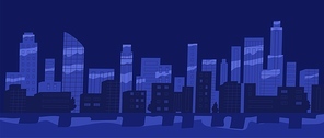 Panorama of night city vector flat illustration. View of cityscape with skyscrapers, buildings and pond. Urban landscape of modern megapolis in dark. Silhouette of exterior construction.