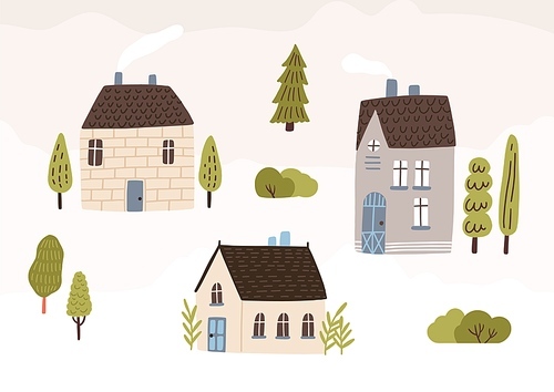 Hand drawn village with houses and trees vector flat illustration. Colorful cozy buildings with smoke from the chimney. Residential homestead, cottage or villa surrounded by green plants.