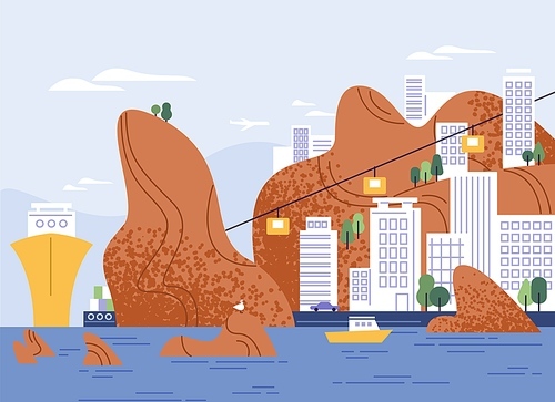 City on mountain with amazing seascape vector flat illustration. Ship, yacht or sea vessel at harbor of modern town. Touristic place with cableway on seaside. Urban landscape with water transport.