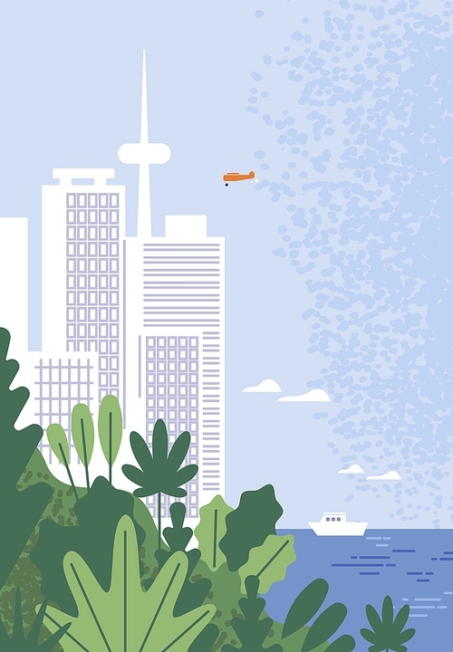 Amazing modern city with skyscrapers at seaside vector flat illustration. Beautiful seascape with modern buildings, tropical bushes and sea. Touristic town scenery and natural ocean view.