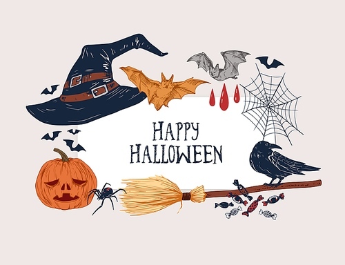 Happy Halloween greeting background with place for text and hand drawn symbols vector illustration. All saints day backdrop with bats, spider, witch hat, crow, pumpkin and broom isolated.