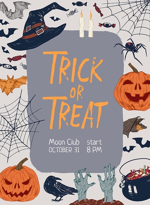 Promo poster of Halloween party with traditional symbols and place for text vector illustration. Announcement of Trick or treat festive event isolated. Hand drawn placard with scary characters.