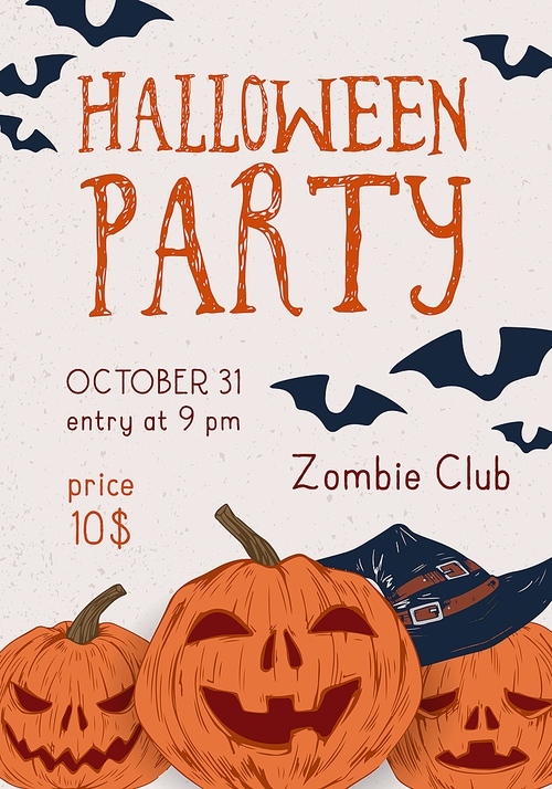 Poster of Halloween party with scary pumpkins in witch hat vector illustration. Hand drawn placard or invitation of All saints day with bat and design elements. Autumn seasonal holiday advertising.