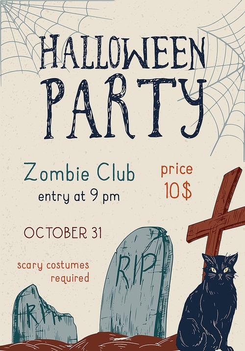 Halloween theme party announcement with place for text vector illustration. Traditional 31 october costume festival promo template with design elements. Black cat, grave, cross and web symbols.