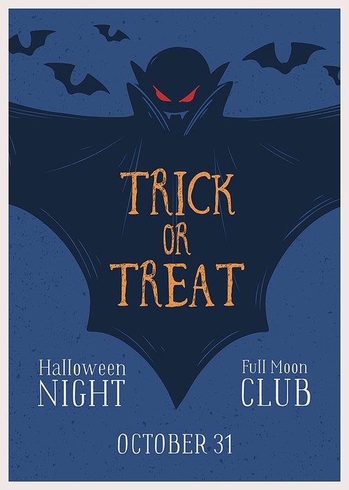 Promo poster of Halloween night party with place for text vector illustration. Announcement of Trick or treat event with vampire, bats and design elements. Advertising of All saints day.