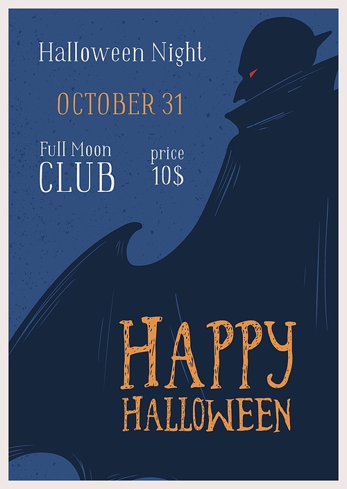 Happy Halloween greeting promo poster with place for text vector illustration. Announcement of costume night party at 31 october with vampire silhouette. Colorful invitation to festive event.