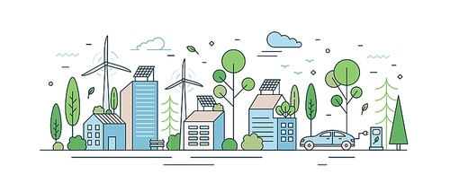 Urban landscape with modern eco friendly technologies vector illustration in line art style. Cityscape architecture with solar energy on roof, wind power, and electric transport isolated on white.