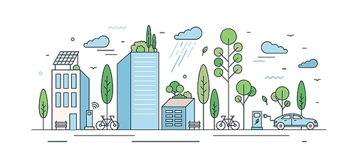 Modern eco friendly cityscape with architecture and natural park zone vector illustration in line art style. City architecture with solar energy and ecology transport at rainy day isolated on white.