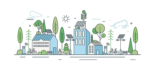 Cityscape with modern eco friendly technology vector illustration in line art style. Municipal area with ecology transport, wi-fi zone, natural park and solar energy equipment isolated on white.