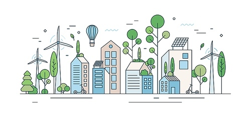 Cityscape with environmentally friendly technology or ecology protection vector illustration in line art style. City landscape with solar energy equipment, kick scooter and wind power isolated.