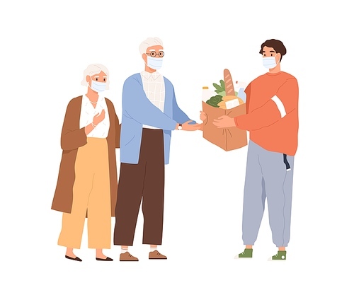 Guy in medical mask giving package with food to elderly man and woman vector flat illustration. Male courier bring order of groceries to aged couple isolated. Delivery service or support seniors.
