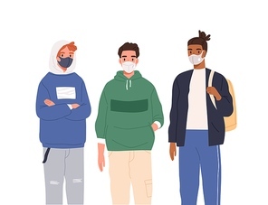 Group of diverse modern teenagers wearing protective masks vector flat illustration. Casual teen guys in respirators standing together isolated on white. Protection from coronavirus outbreak.