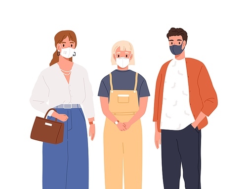 Modern man, woman and teen girl in protective mask on face vector flat illustration. Group of people wearing respirators isolated on white. Healthcare and coronavirus outbreak prevention.