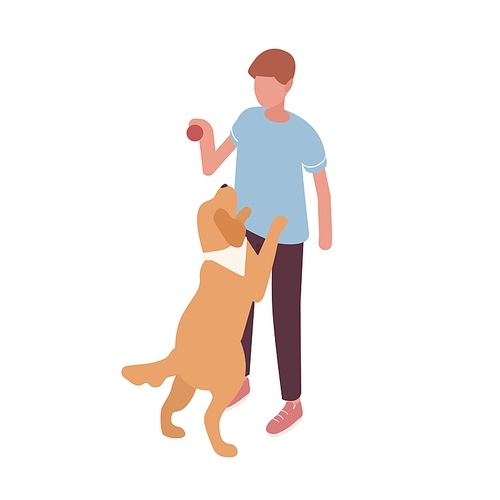 Guy playing with dog hold ball vector isometric illustration. Colorful owner and pet having fun together isolated on white. Doggy stand on rear paws. Friendship between man and domestic animal.