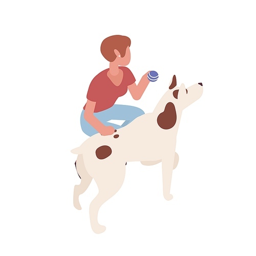 Adorable woman training dog vector isometric illustration. Cute female playing with domestic animal holding ball isolated on white . Pet and his owner spending time together.