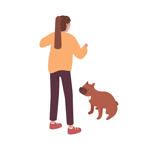 Active female pet owner training her dog vector isometric illustration. Colorful woman playing with cute domestic animal isolated on white . Girl coaching doggy to performing command.